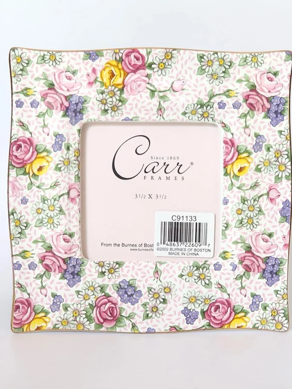 Vintage Carr Floral Porcelain Picture Frame 3.5x3.5 New in Box Roses Gold Trim